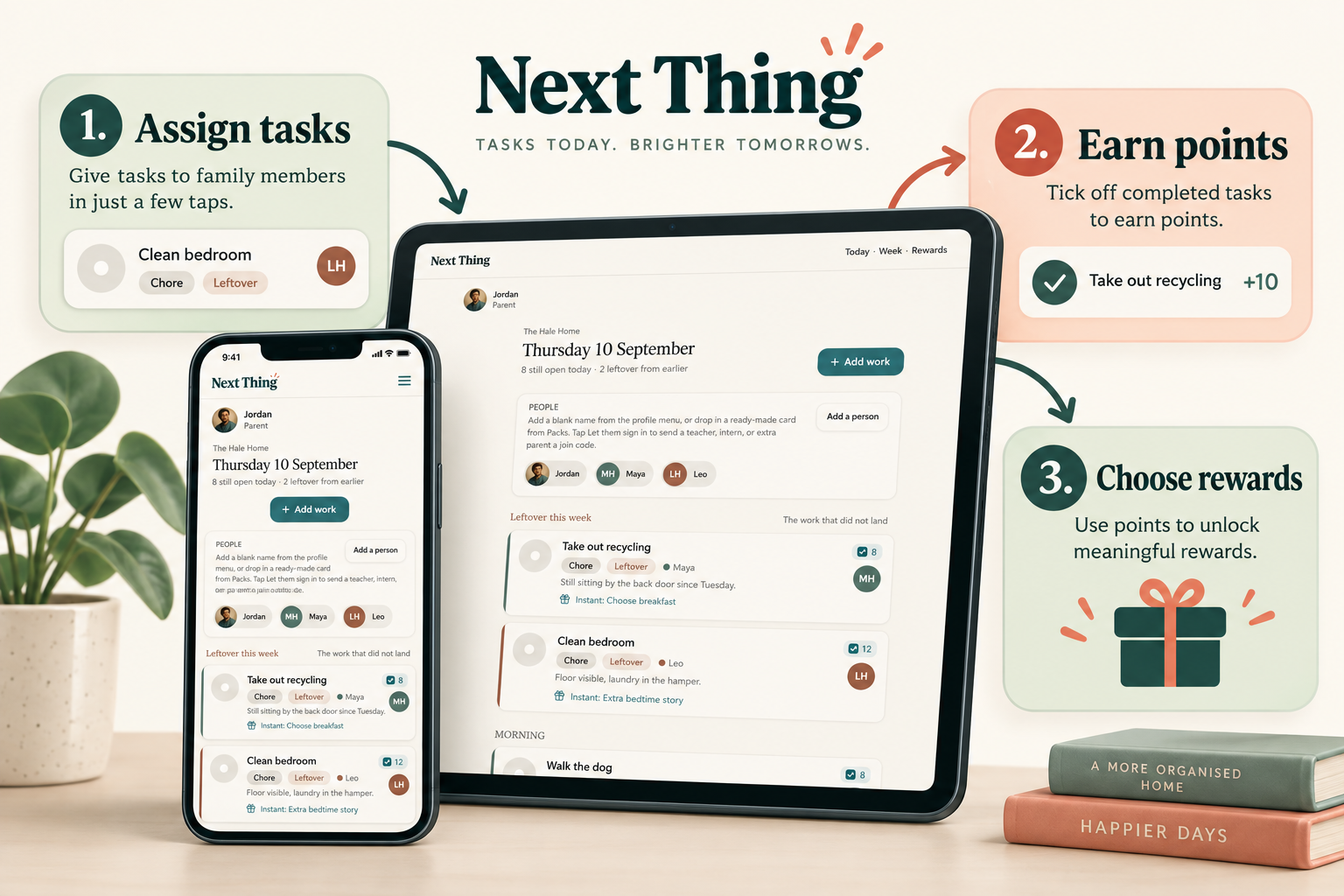 Next Thing on a tablet and phone: assign a task to a person, earn points for completing it, and choose a reward.